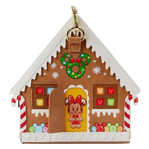 Loungefly Stitch Shoppe Minnie Mouse Gingerbread House Crossbody Bag & Pin NWT